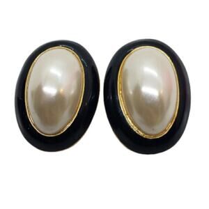 Vintage Clip Earrings Big Faux Pearl Black & Gold Accent Luxury Clip GJD 1987